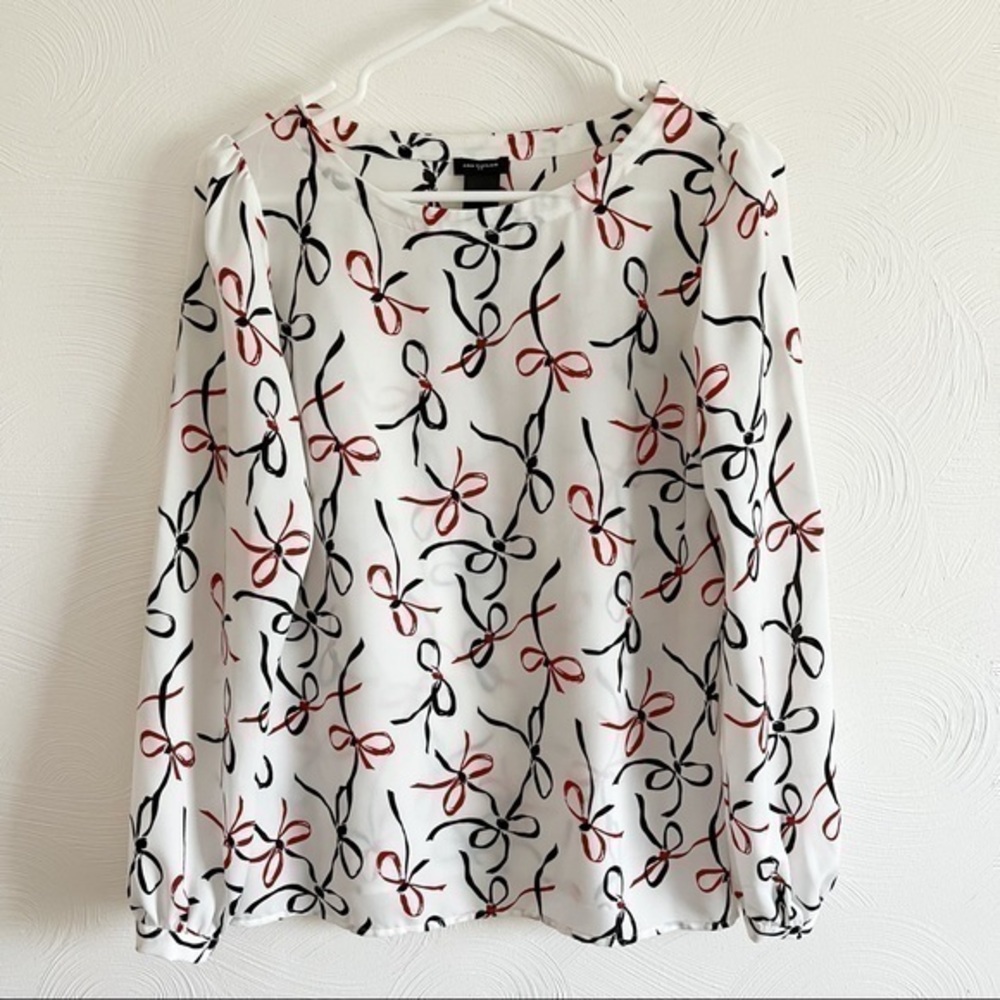 Ann Taylor Factory White Top with Black and Red Bow Print